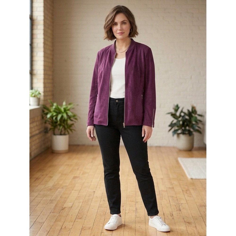 Chicos Faux Suede Bomber Jacket 2 US L Plum Moto Chic Whimsigoth Dark Academia